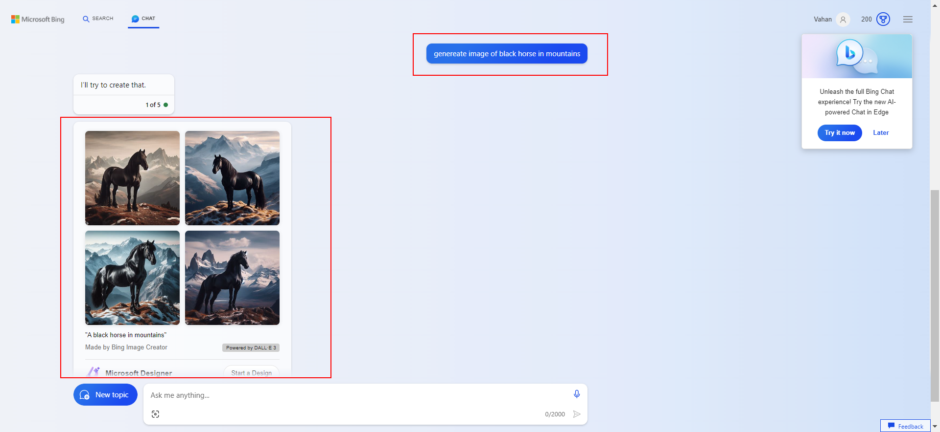 Image generation with Bing Chat