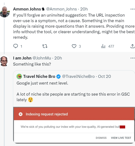 John Mueller's tweet implies there may be a quality issue related to Google search console refusing to index submitted URLs