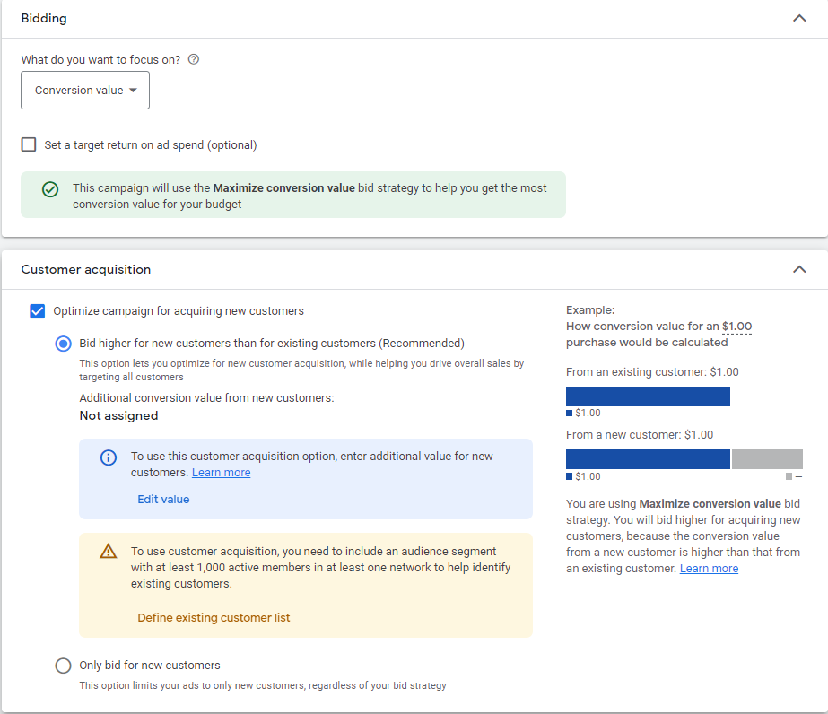 Performance Max bidding setup with optional customer acquisition strategy.