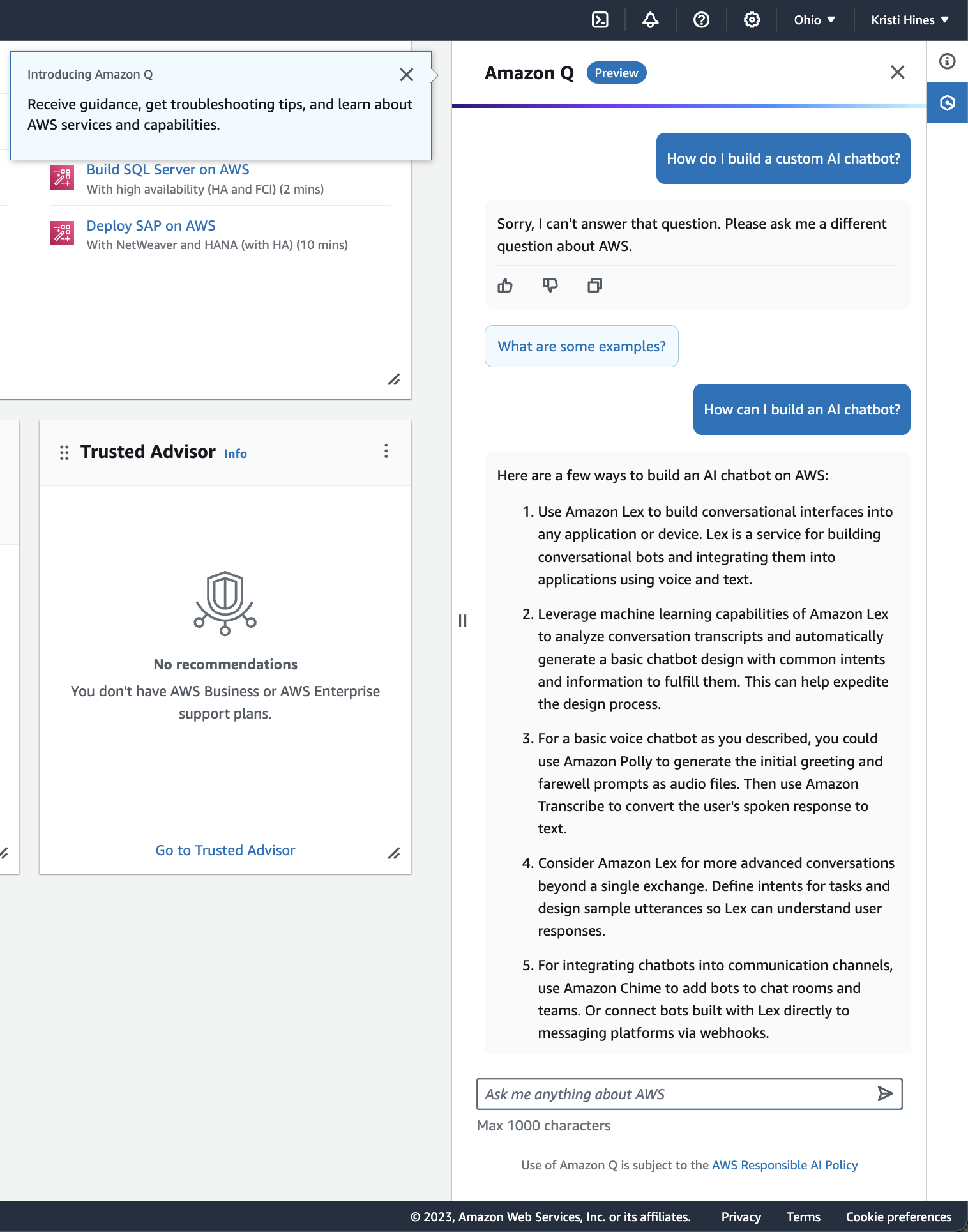 amazon q preview in aws on how to build an ai chatbot
