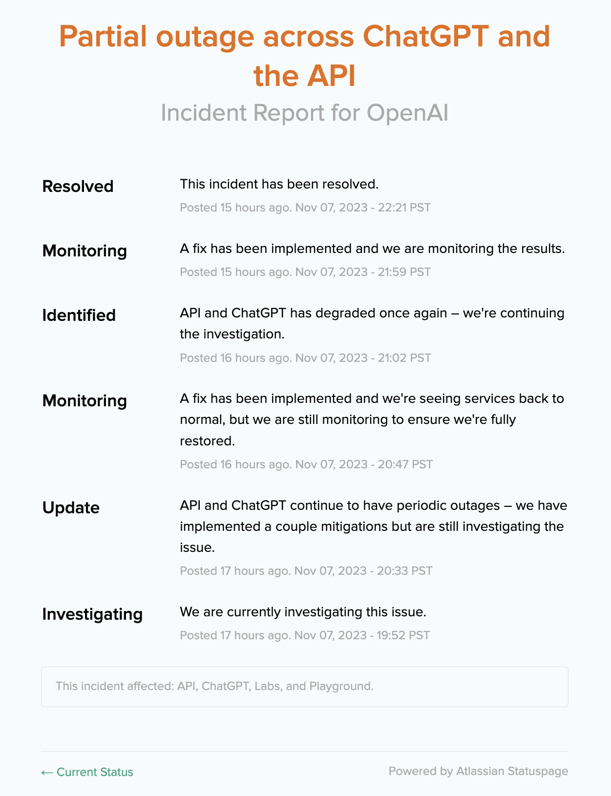 Informe de incidente de Openai el 7 de noviembre debido a una interrupción de la API de Chatgpt