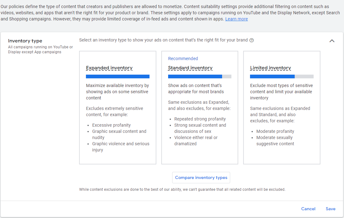 Google Ads content suitability settings.