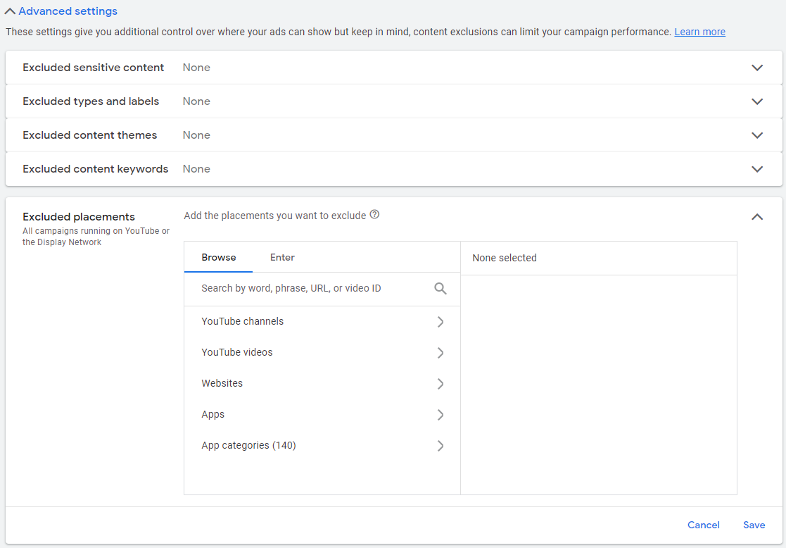 Advanced settings to exclude content in Google Ads.