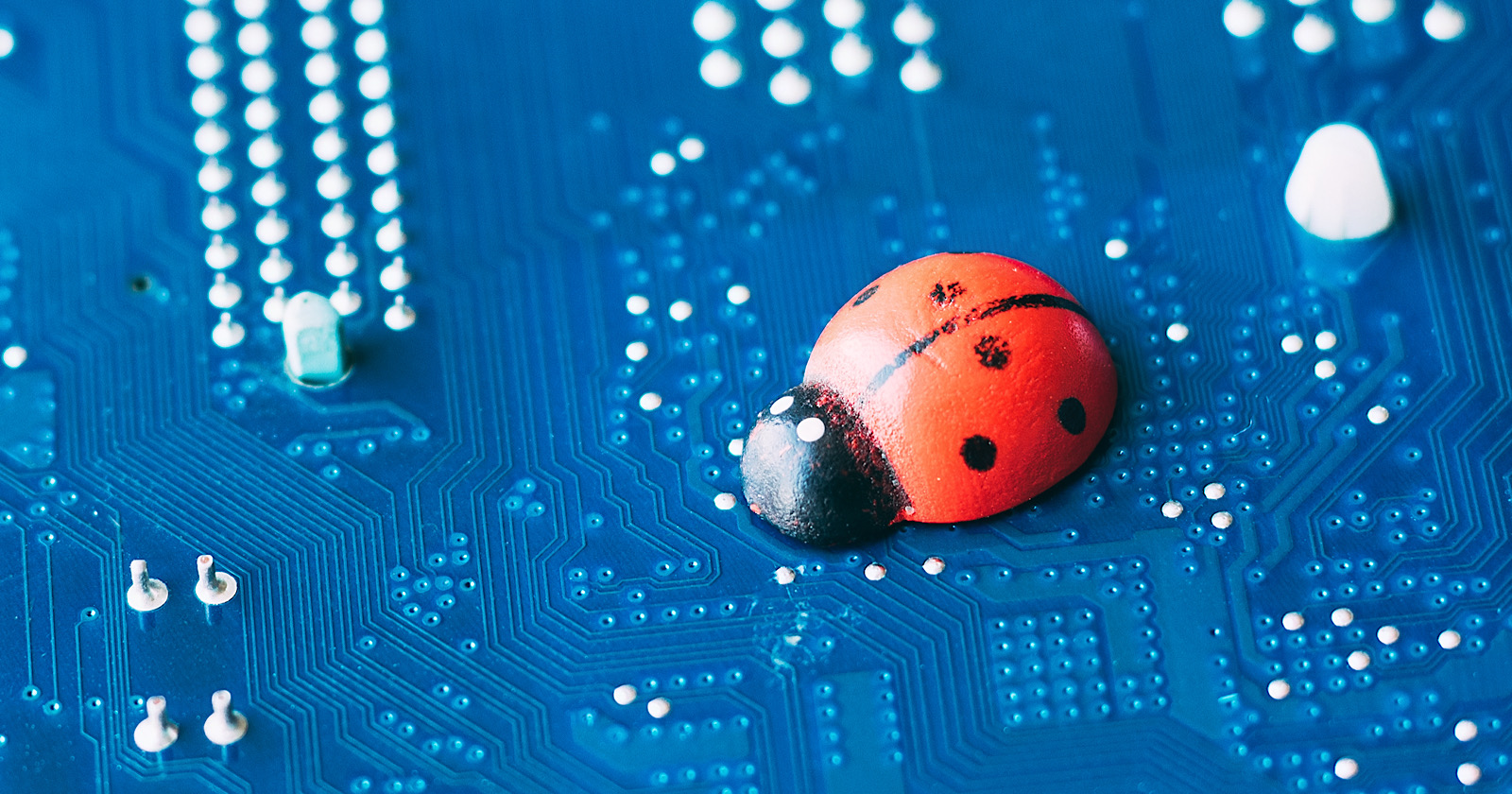 Little red ladybug on a blue motherboard. Concept of computer virus or bug, system failure, problem with technology, software or hardware