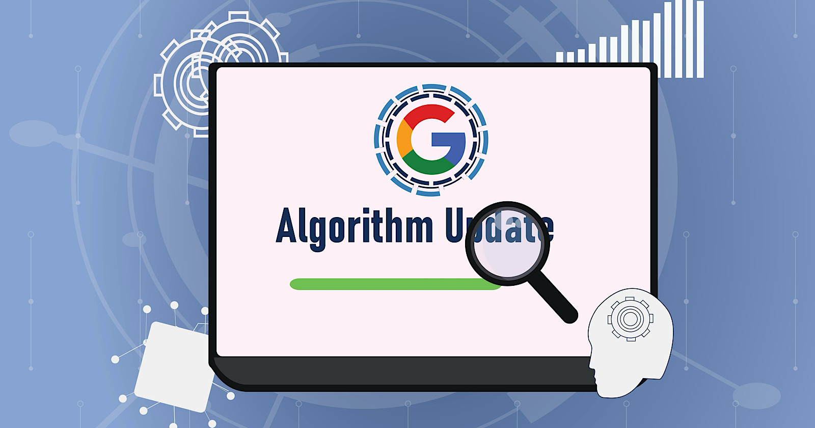 Google Algorithm Update on Laptop Screen with Human Brain, Graph and Setting Symbols Illustration