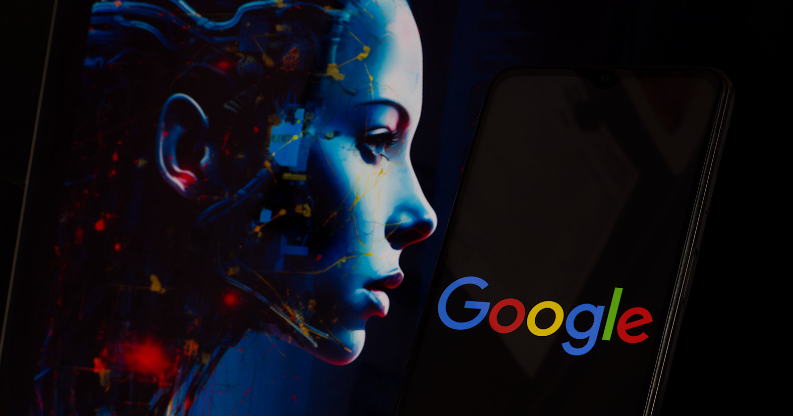 Google logo seen on smartphone display screen. Meta is formerly known as Facebook, Concept for taking work by Artificial Intelligence instead of a human job,