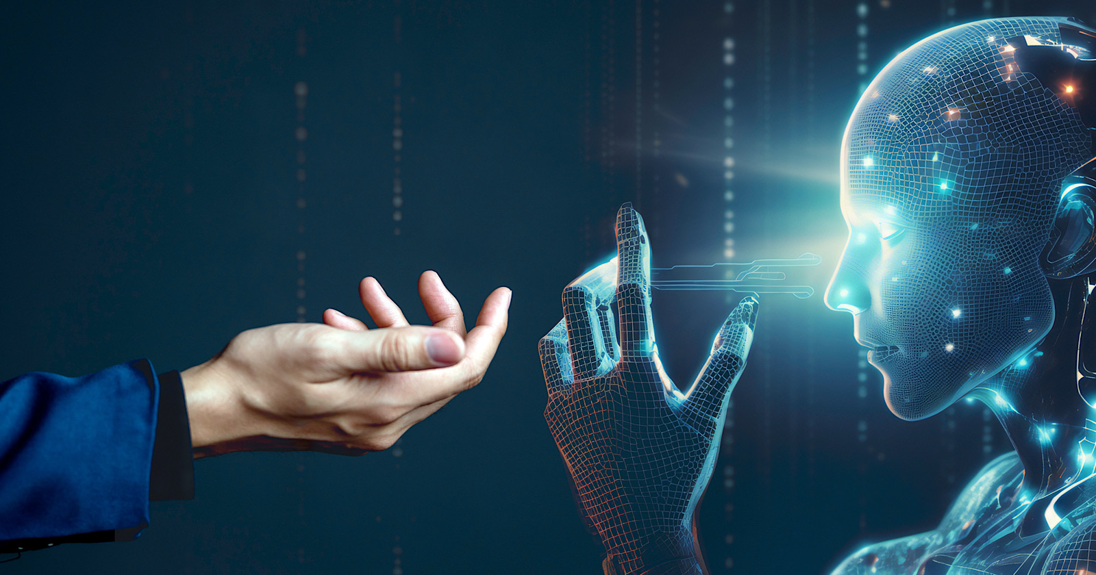 Human connection and artificial intelligence (Ai) concept, generate innovative futuristic new things together, artificial intelligence exchange smart creativity, robot brain and human connection.