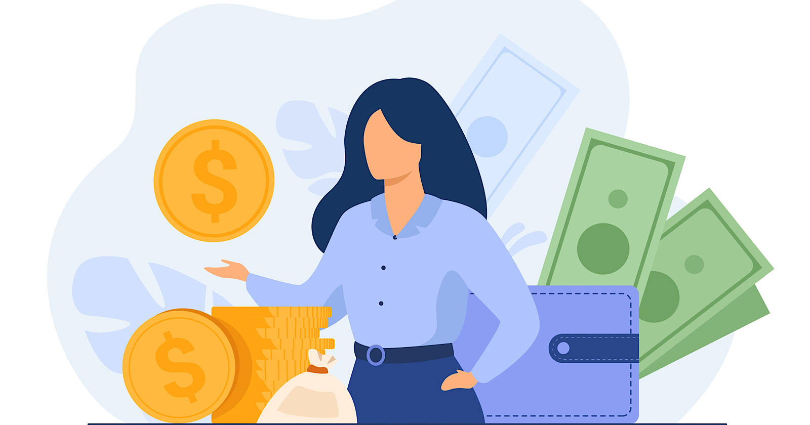 Woman with heap of cash, sack and wallet. Vector illustration for finance, money, financial success, profit, business concept