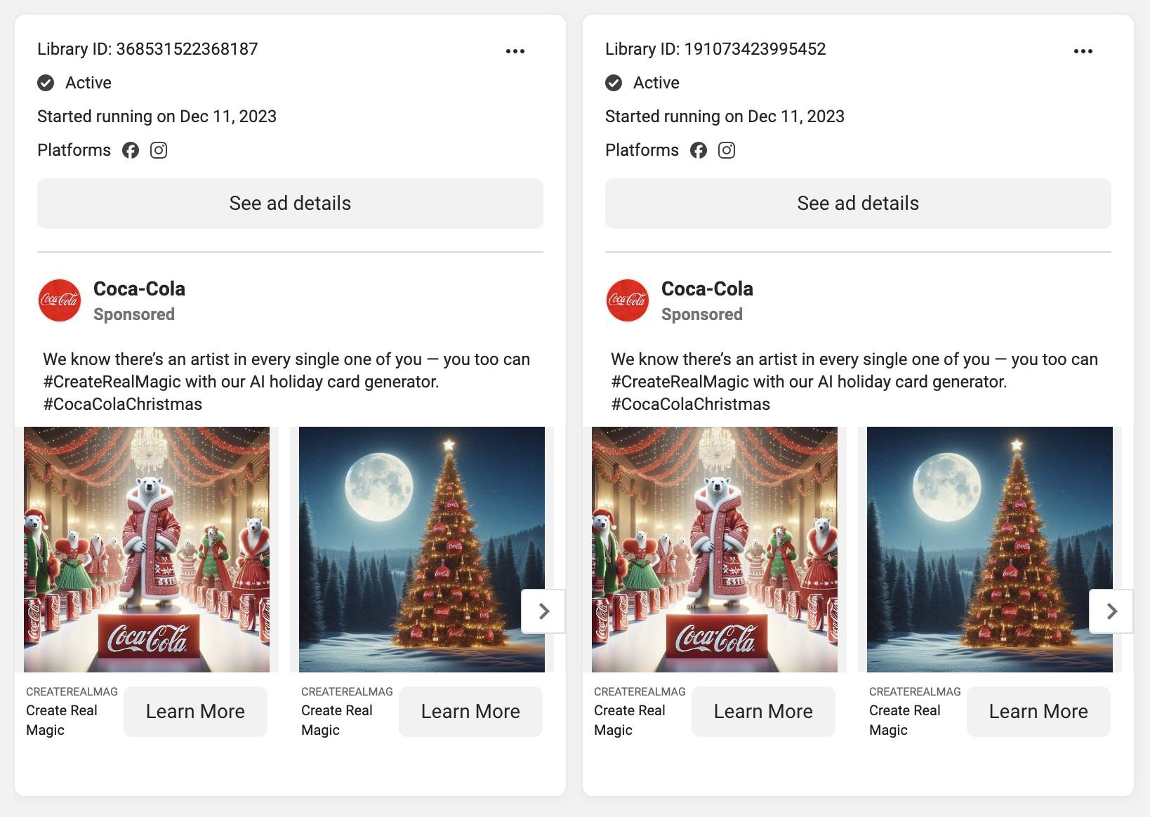 facebook instagram ad campaigns coca cola ai holiday card generator 658c6186bd023 sej - 6 Ways Coca-Cola Uses Generative AI For Advertising And Marketing