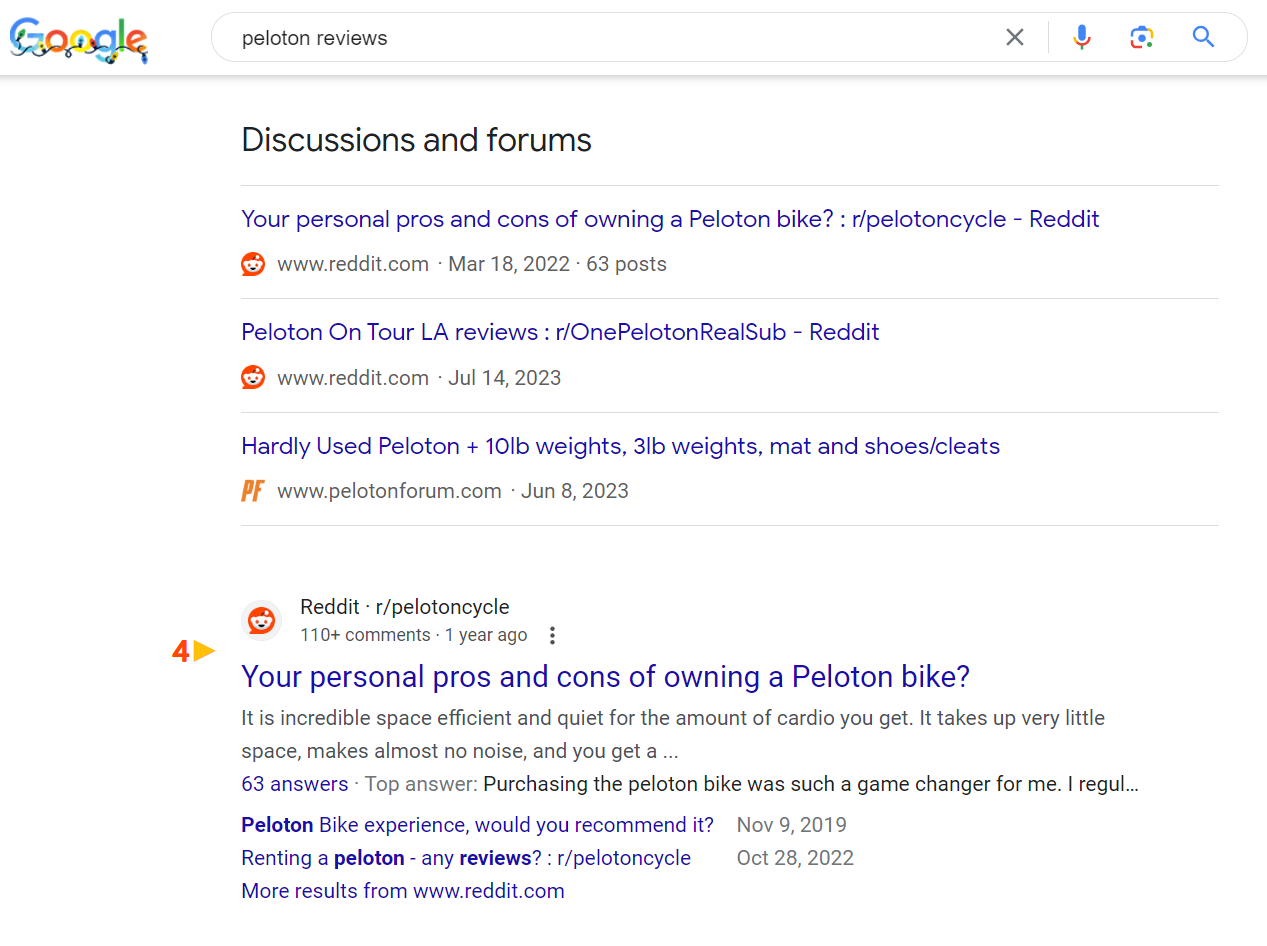 Screenshot from search for [peloton reviews], Google, December 2023