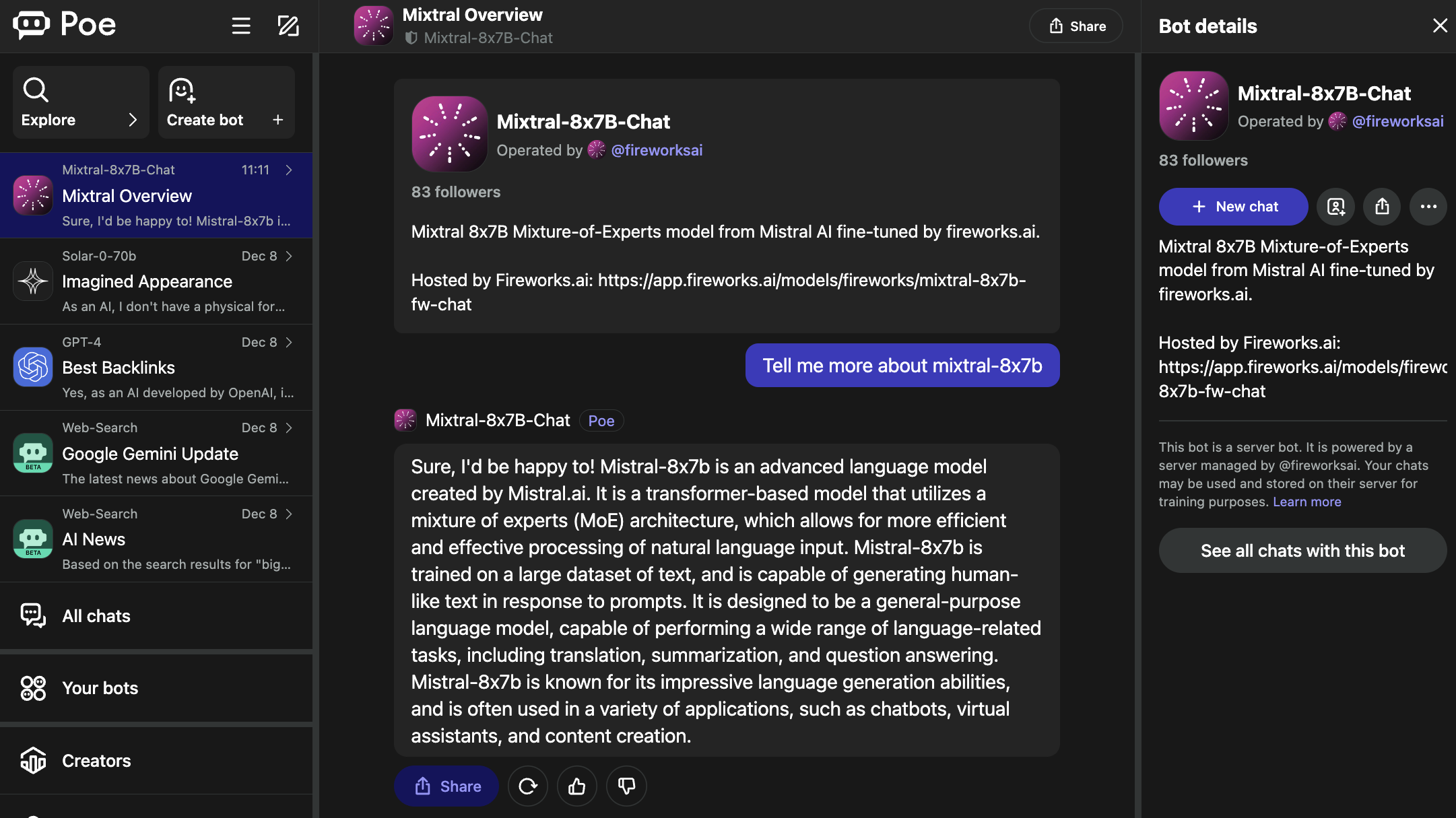 poe bot for mixtral-8x7b firebase
