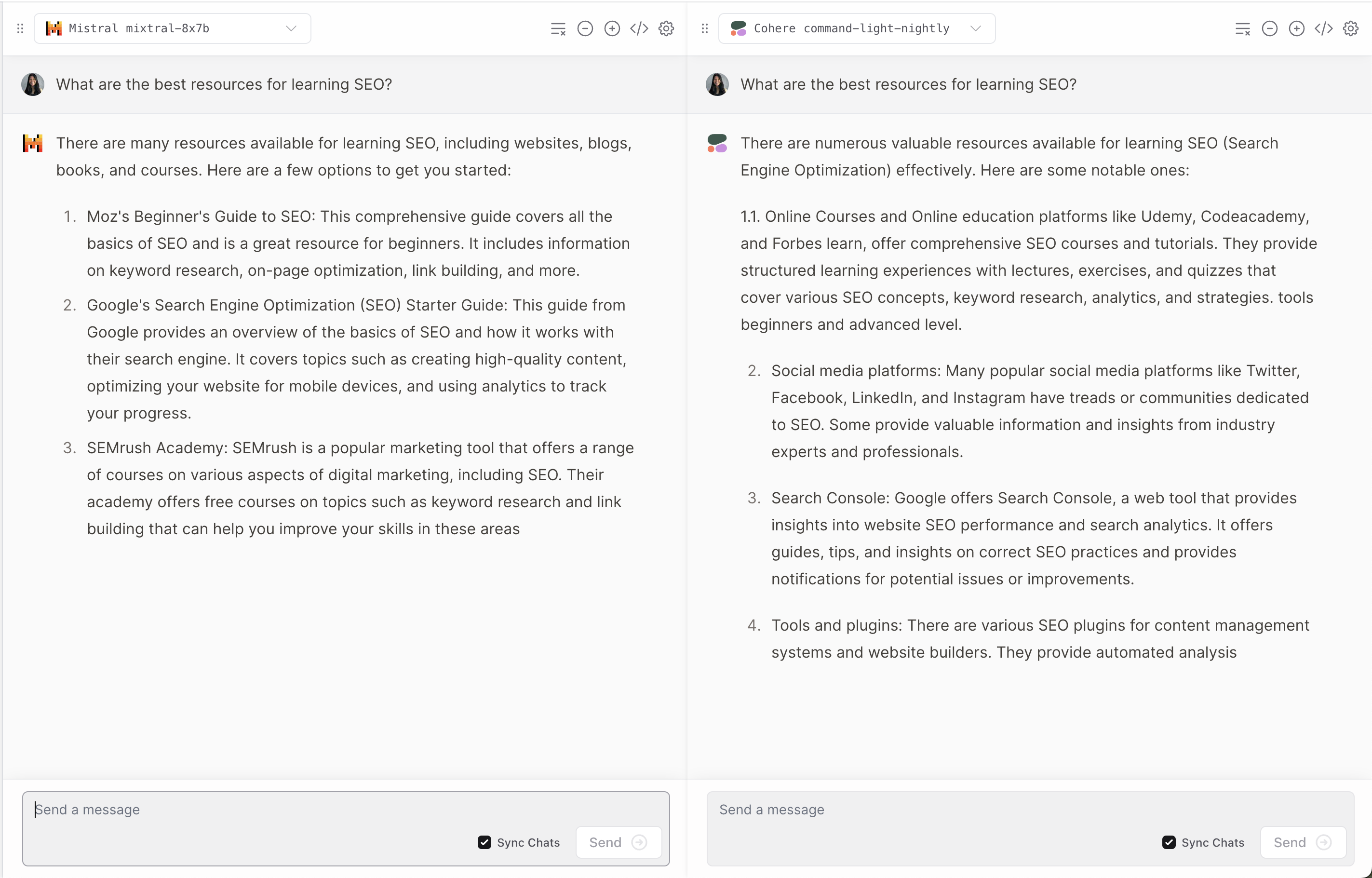 mixtral-8x7b vs cohere on best resources for learning seo