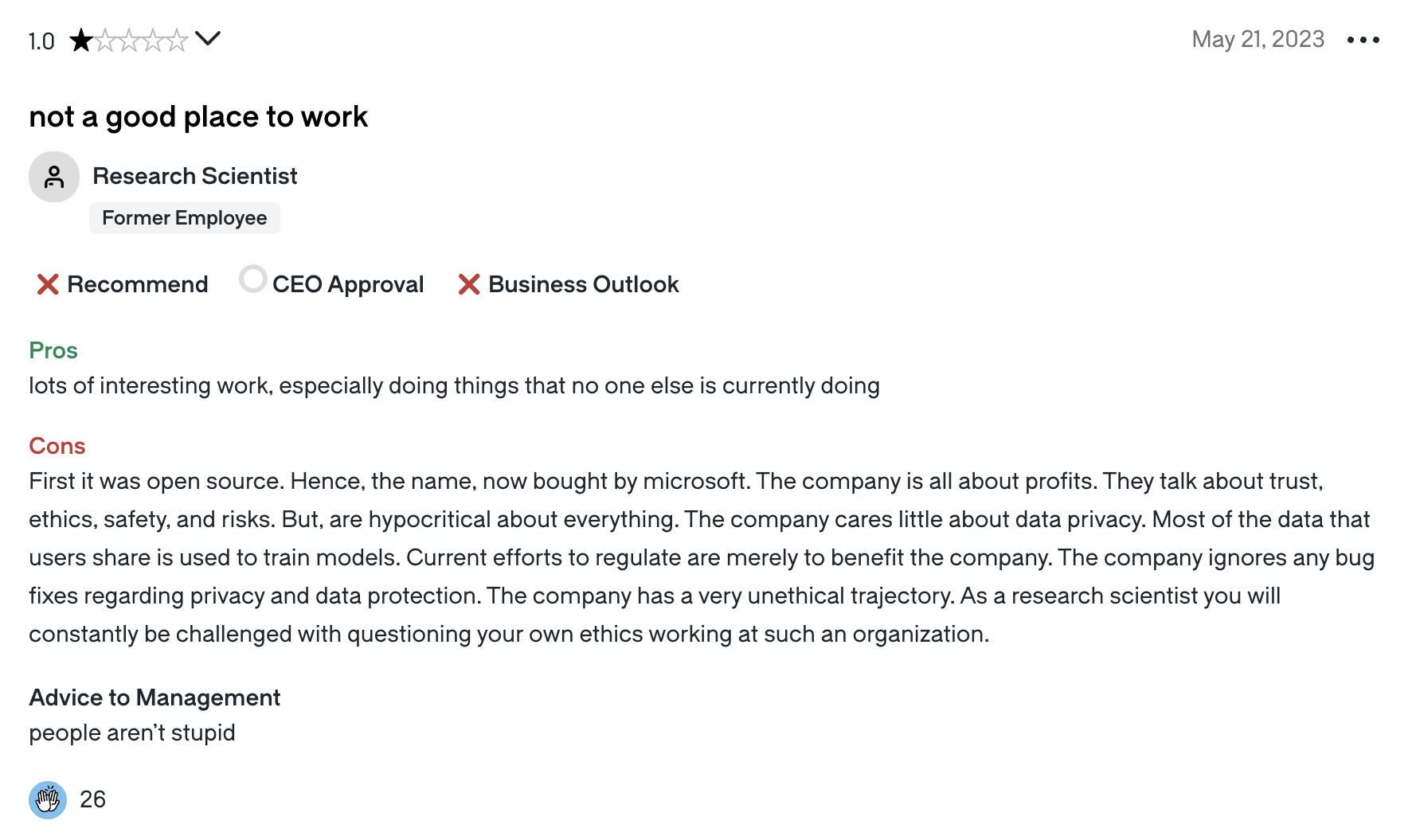 openai glassdoor review 6574b95865619 sej - OpenAI Investigates 'Lazy' GPT-4 Complaints On Google Reviews, X