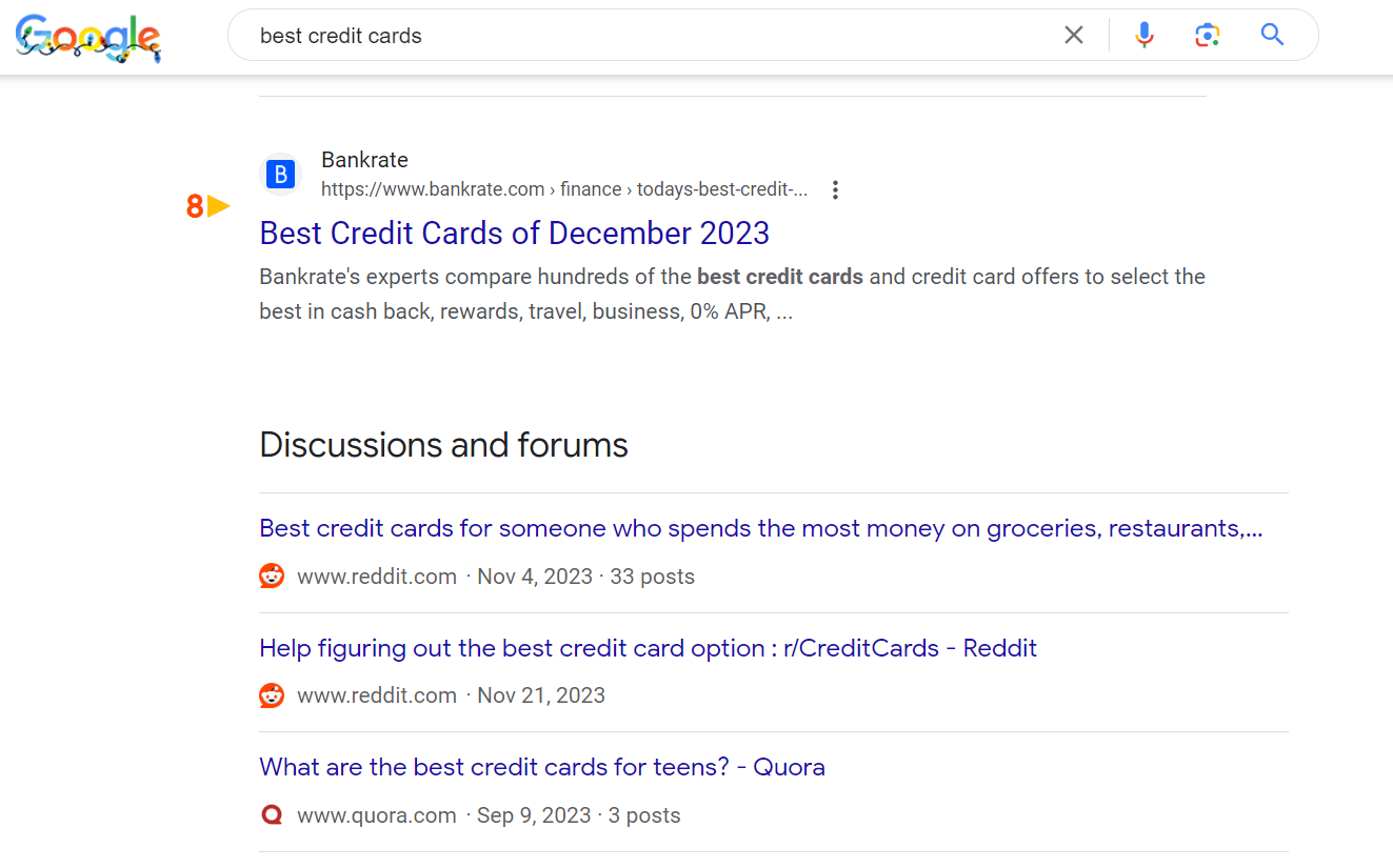 Screenshot from Google for [best credit cards]