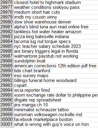 Image showing a closeup of a spreadsheet with keyword phrases on it