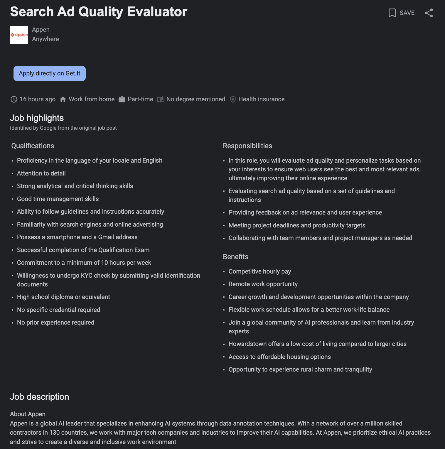 search ad quality rater job listing appen