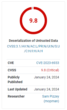 Screenshot of severity score rating of 9.8 of a vulnerability discovered in Better Search Replace WordPress plugin