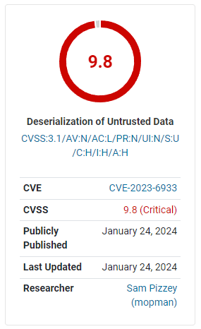 Capture d'écran du score de gravité de 9,8 d'une vulnérabilité découverte dans le plugin Better Search Replace WordPress