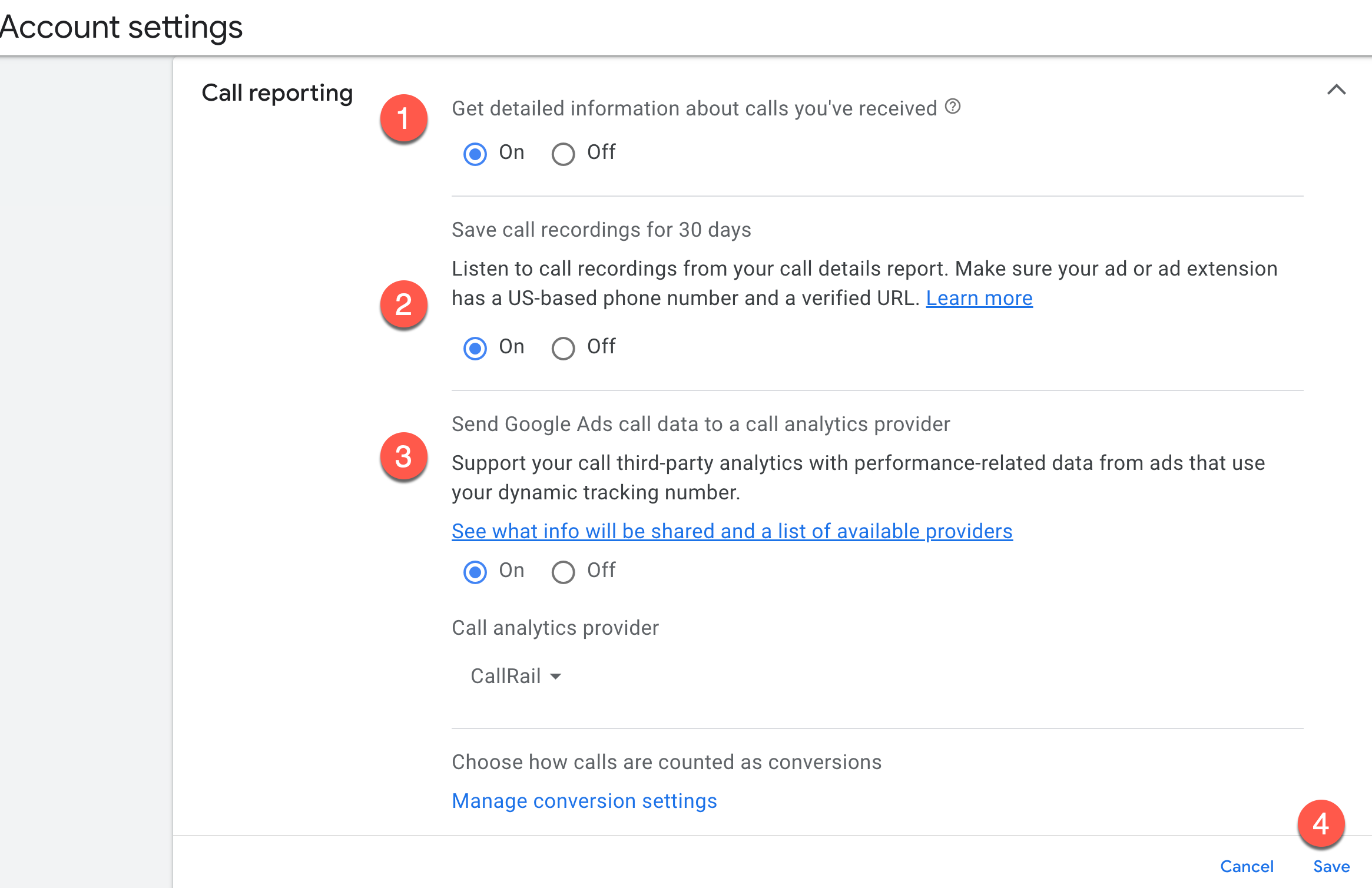 Google Ads screenshot of call reporting steps