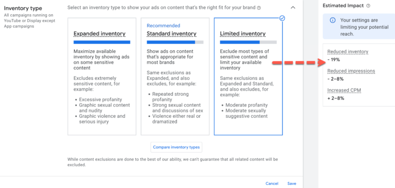 Capture d'écran de l'impact estimé de Google Ads