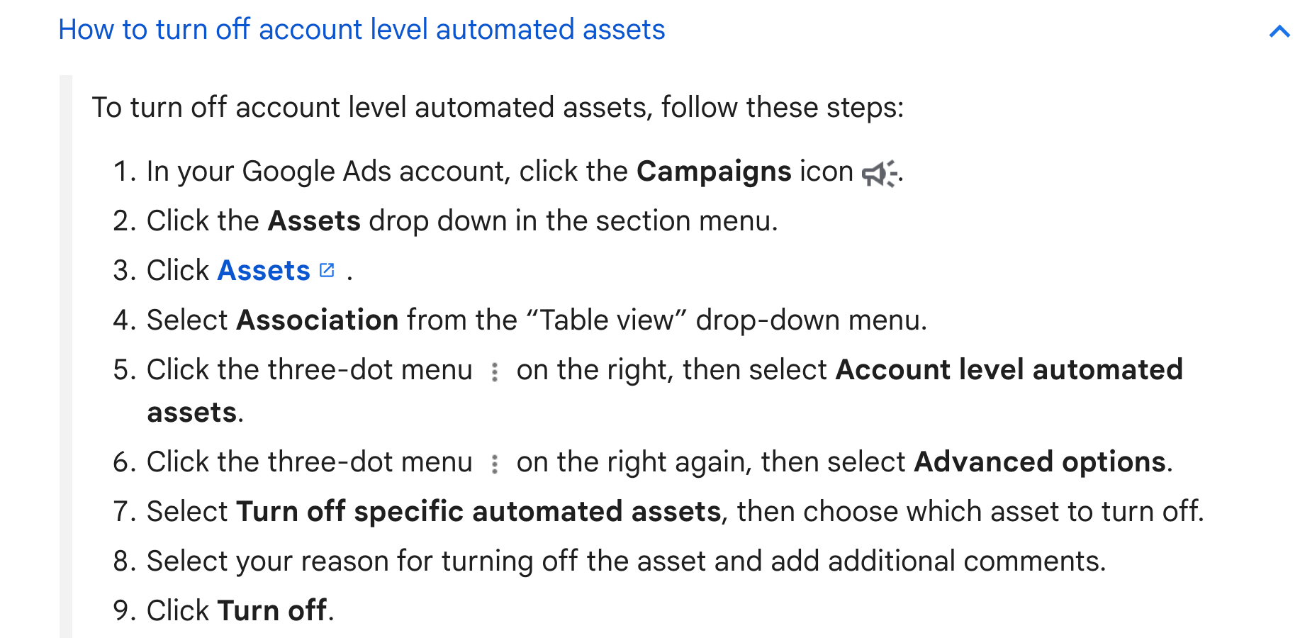 Google Ads screenshot automated assets opt-out