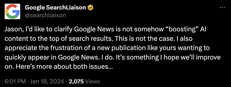 google searchliaison response boosting ai generated content 2 65aae2ed74740 sej - Why Google May Rank AI-Generated Content Over Original News