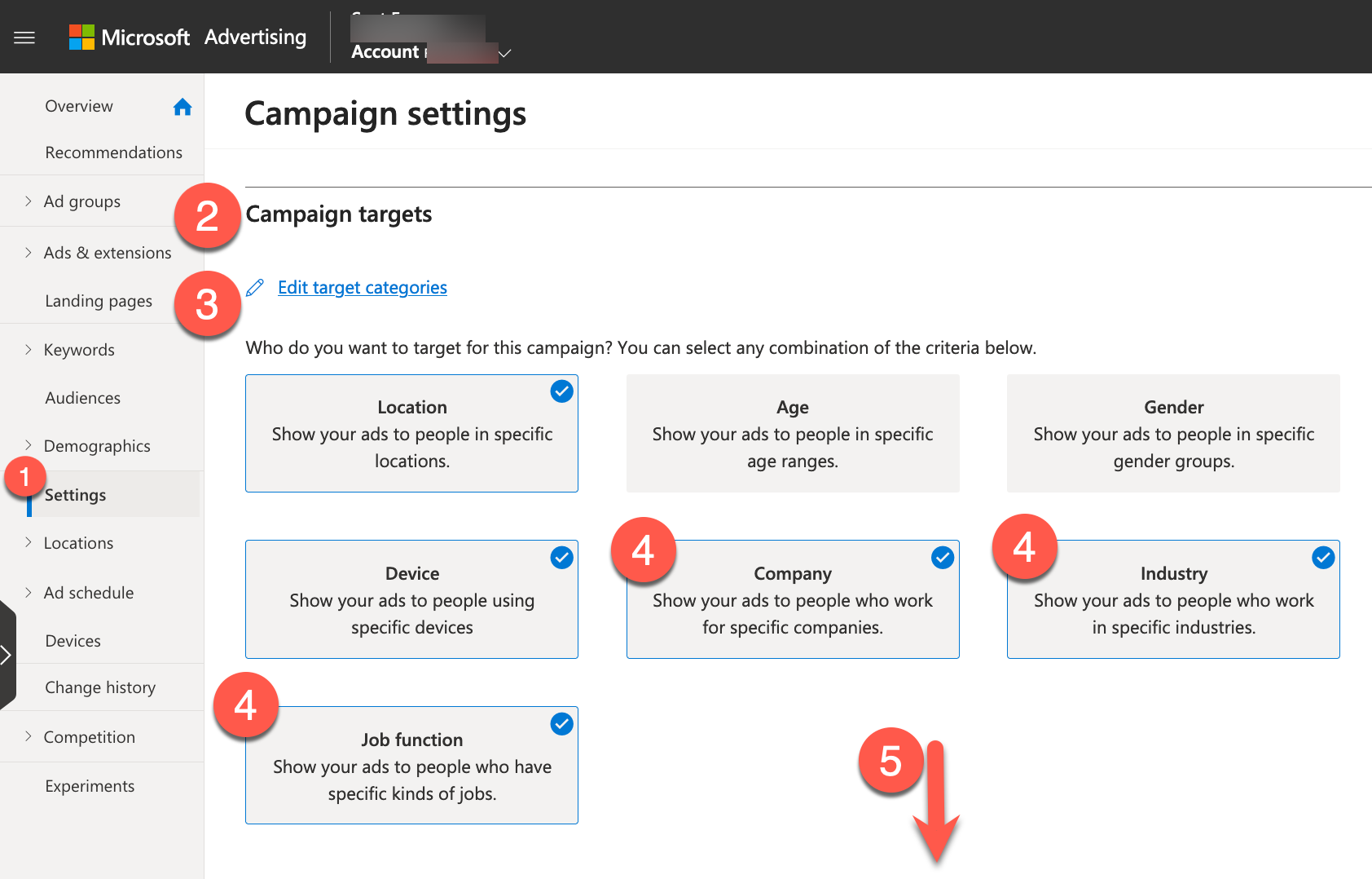 Microsoft Ads screenshot set-up LinkedIn targets