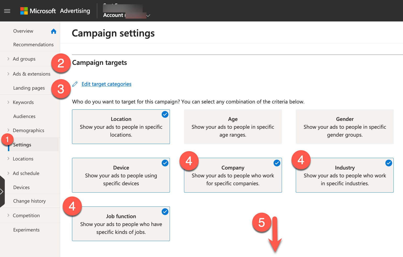 Configuration de la capture d'écran Microsoft Ads pour les cibles LinkedIn