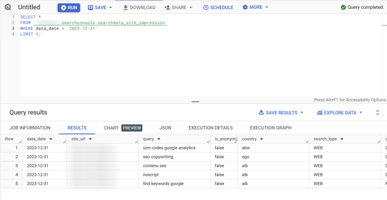 return results from query 659bd7d6823d3 sej 768x397 - Get Started With GSC Queries In BigQuery