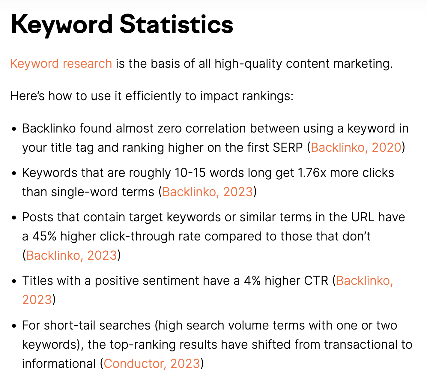 Exemple de statistiques de référencement Semrush et Conductor