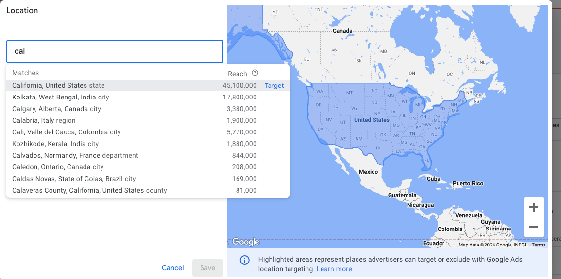 Location selection in keyword planner