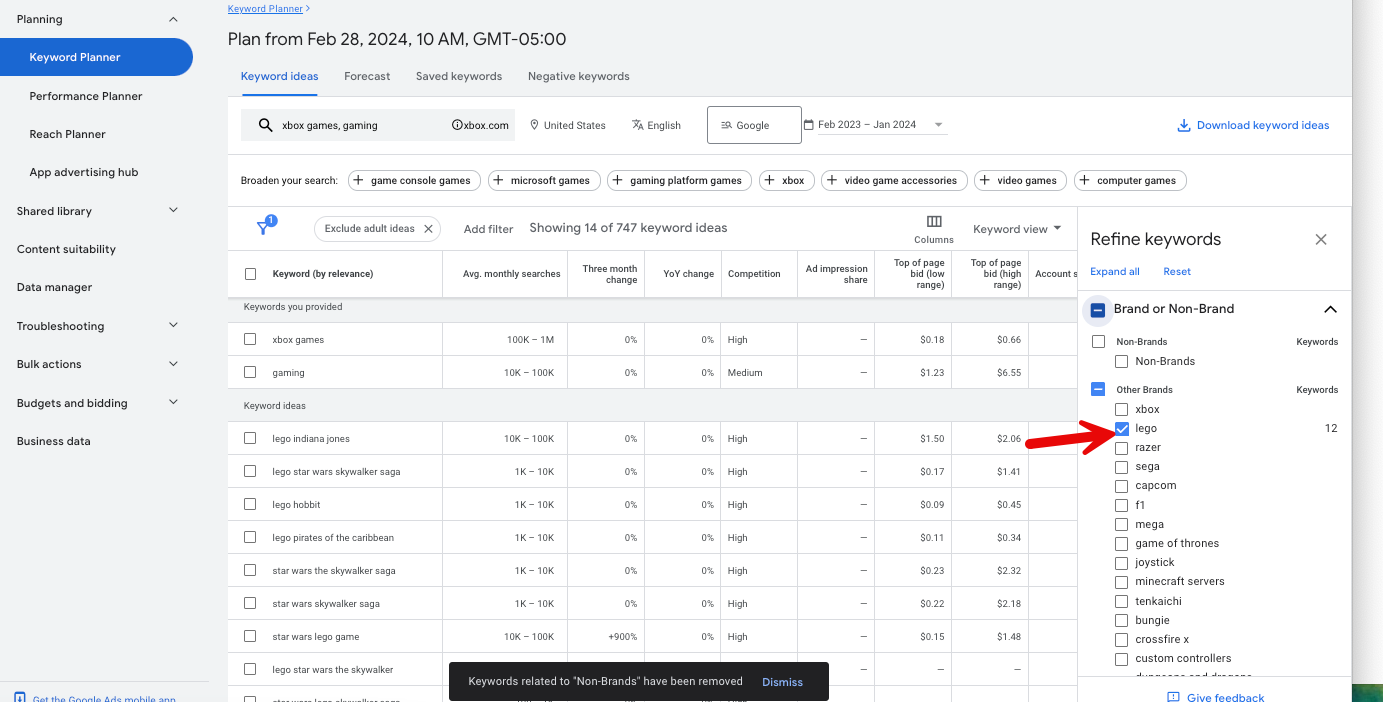 Using the refine keywords filters