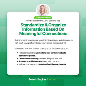 Promotional graphic featuring Martha van Berkel, CEO of Schema App, discussing how to make meaningful connections through information based on Google changes, with tips on using schema markup and SEO.