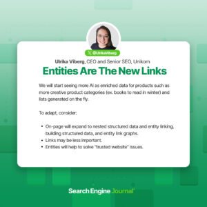 Graphic with text featuring Ulrika Viberig, CEO of Unikorn, discussing the enrichment of product categories with structured data and entity linking for SEO. Includes a logo and her social media handle.