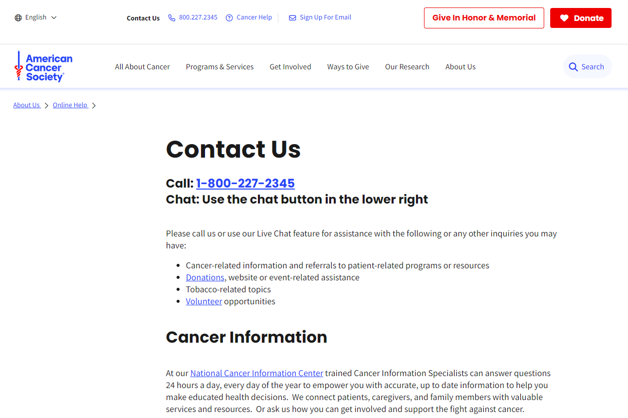 American Cancer Society Contact Us page