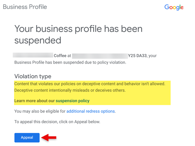appeal suspension notification email 65c697efd3812 sej - Google Business Profile Suspended? Here’s How To Get Reinstated