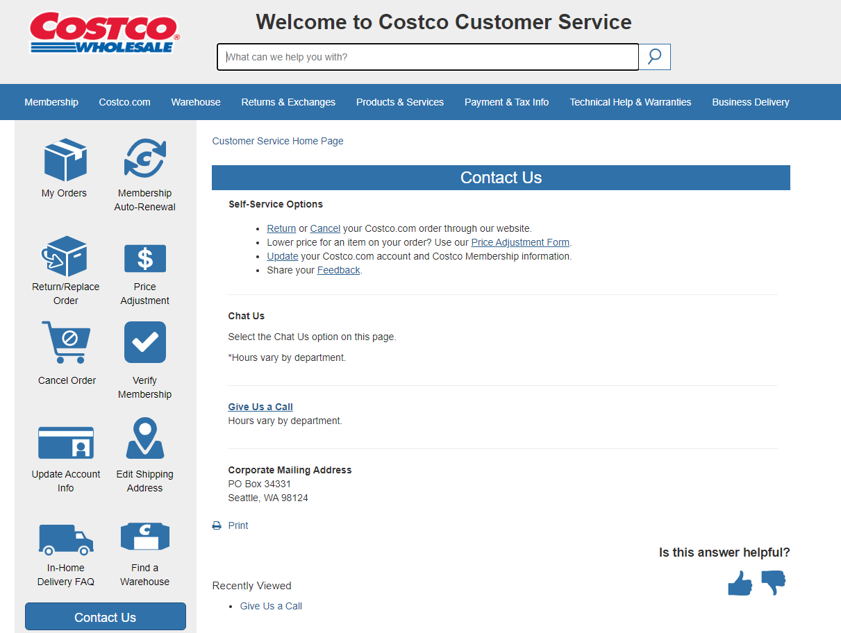 Страница контактов с Costco