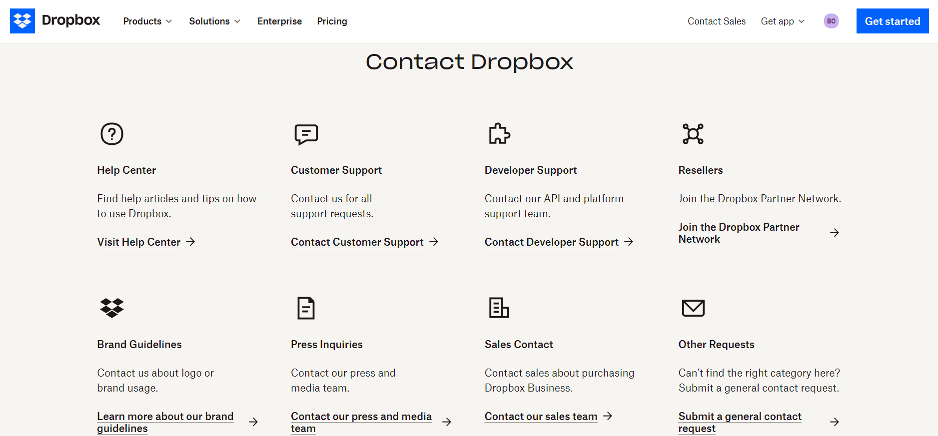 Страница контактов Dropbox