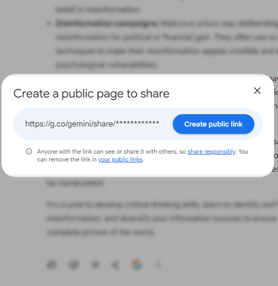 Screenshot of how to create a public webpage of a private Google Gemini Chat