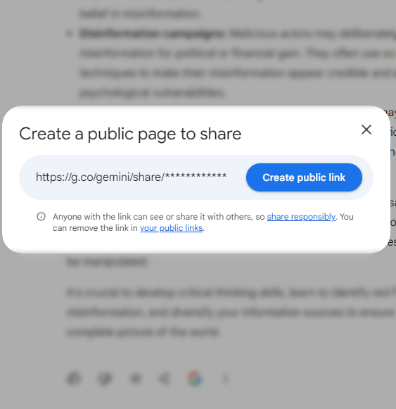 Capture d'écran montrant comment créer une page Web publique d'un chat Google Gemini privé