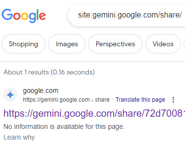 Capture d'écran des résultats de recherche Google pour les pages indexées à partir du sous-domaine de discussion Google Gemini