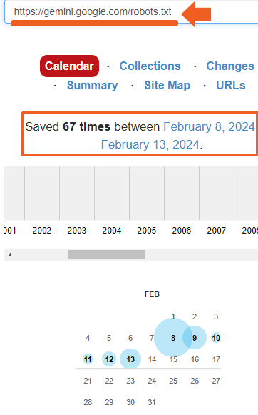 Capture d'écran des robots Google Gemini. txt d'Internet Archive montrant qu'il était là le 8 février 2024.