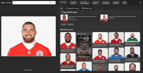 Resultados de búsqueda visual de Bing para una foto de Travis Kelce