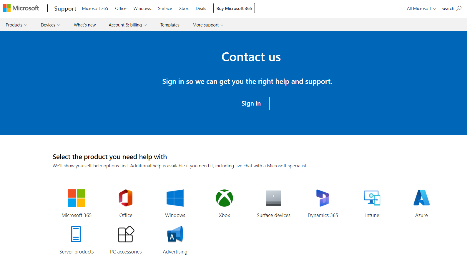Microsoft Contact Us page