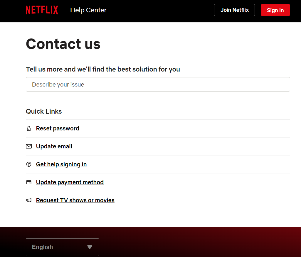 Страница контактов Netflix