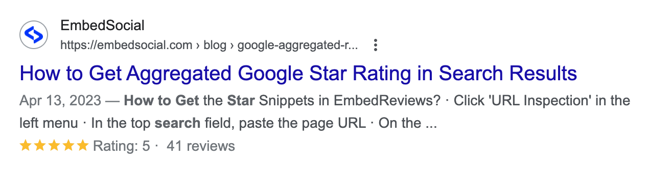 Text result showing google star ratings in the SERPs