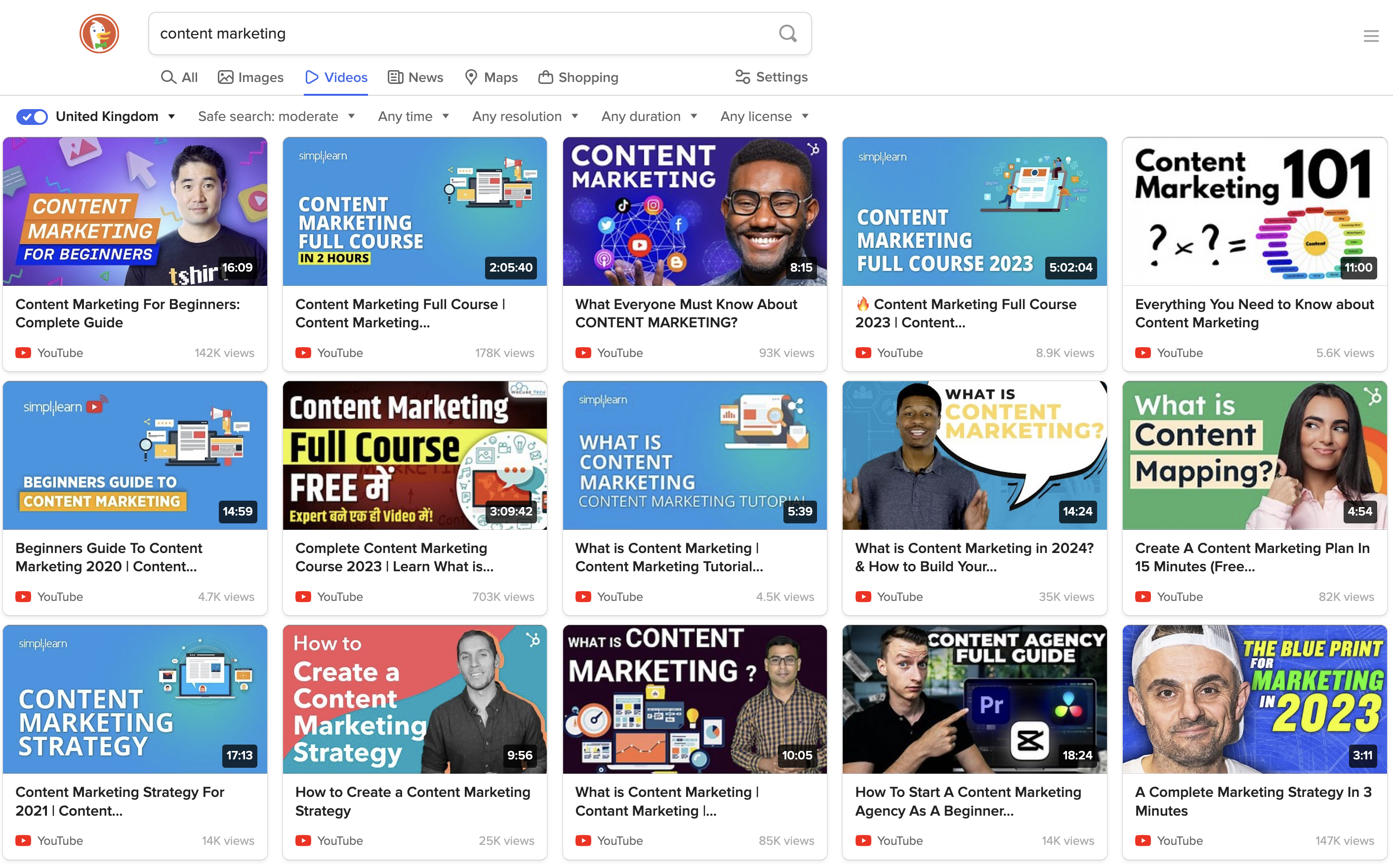 search for [content marketing], DuckDuckGo