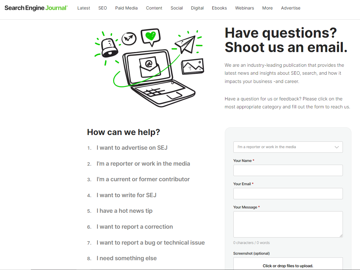 Search Engine Journal Contact Us page