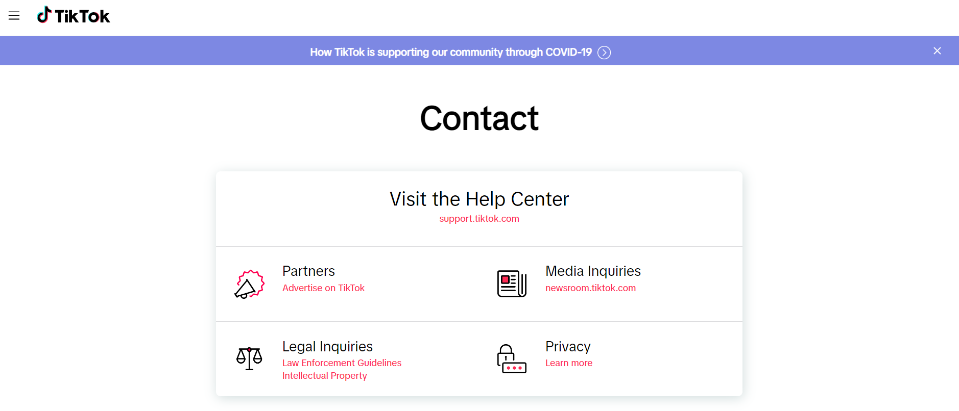 TikTok Contact Us page