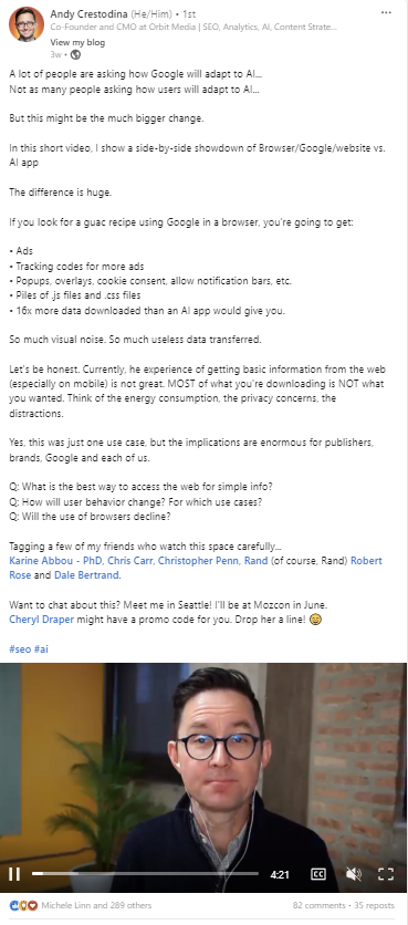 LinkedIn post about how SEO will adapt to AI